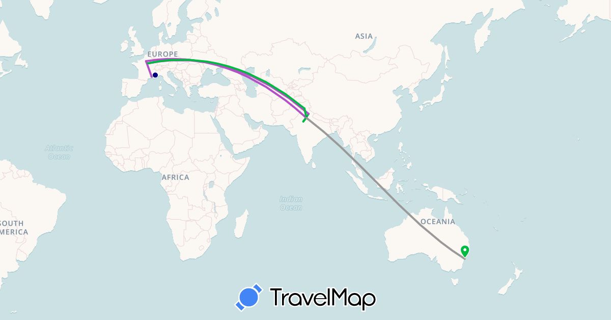 TravelMap itinerary: driving, bus, plane, train in Australia, France, India (Asia, Europe, Oceania)